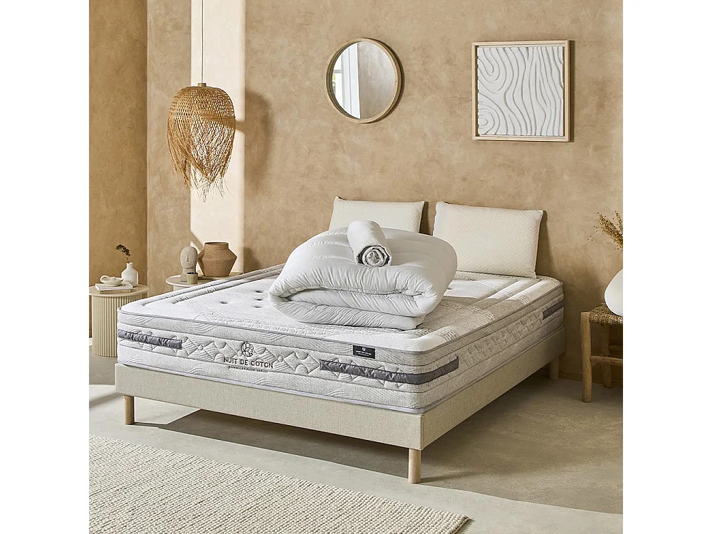 NUIT DE COTON | Pack Prêt à dormir SERENADE 140x190 cm | Matelas Ressorts ensachés + Sommier + Accessoires