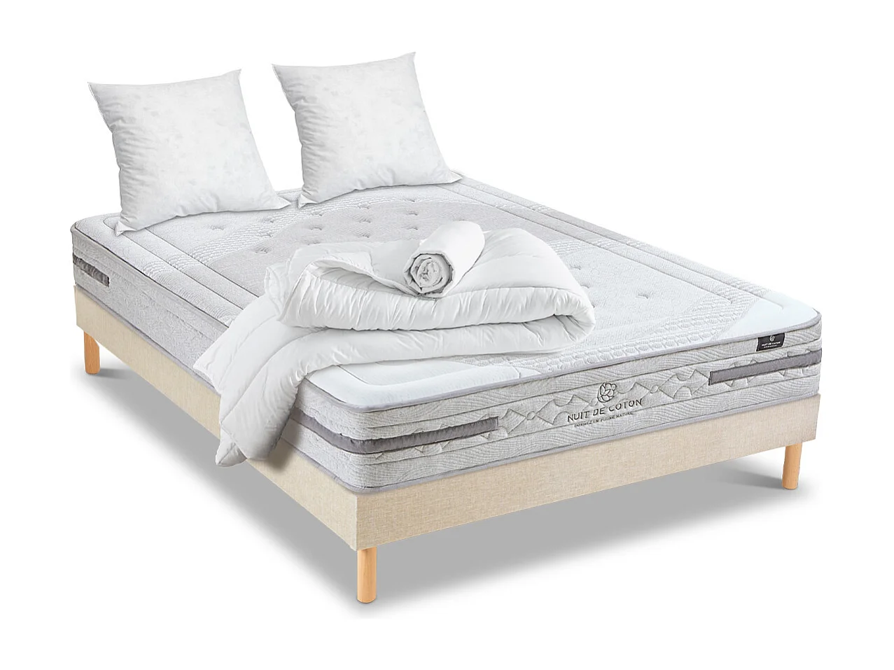 NUIT DE COTON | Pack Prêt à dormir SERENADE 140x190 cm | Matelas Ressorts ensachés + Sommier + Accessoires