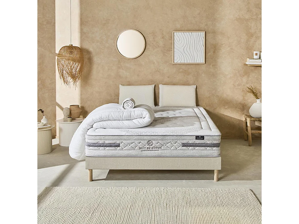 NUIT DE COTON | Pack Prêt à dormir SERENADE 140x190 cm | Matelas Ressorts ensachés + Sommier + Accessoires