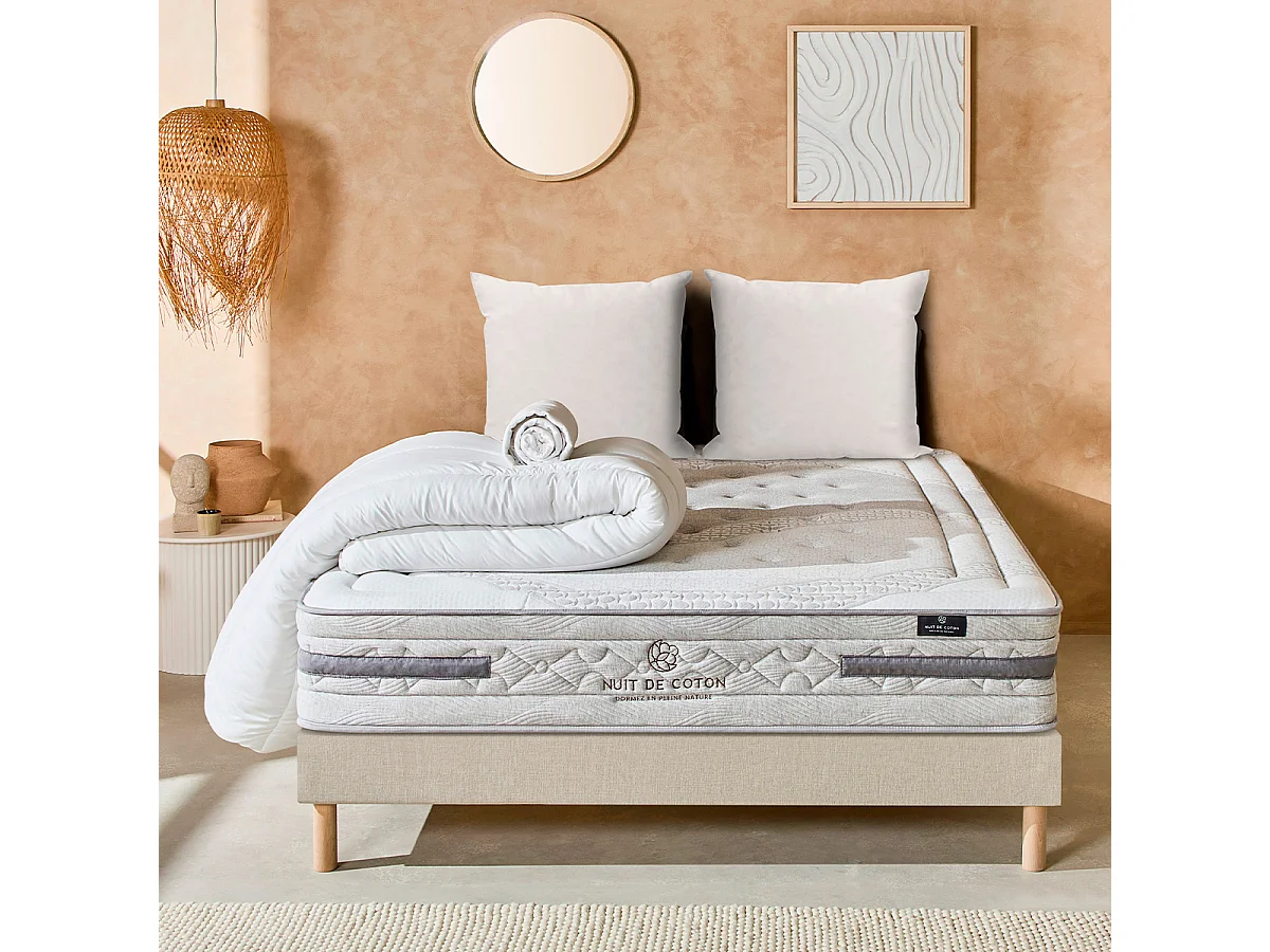 Pack Sérénade 140x190 cm Matelas Ressorts ensachés + Sommier Bois + Accessoires