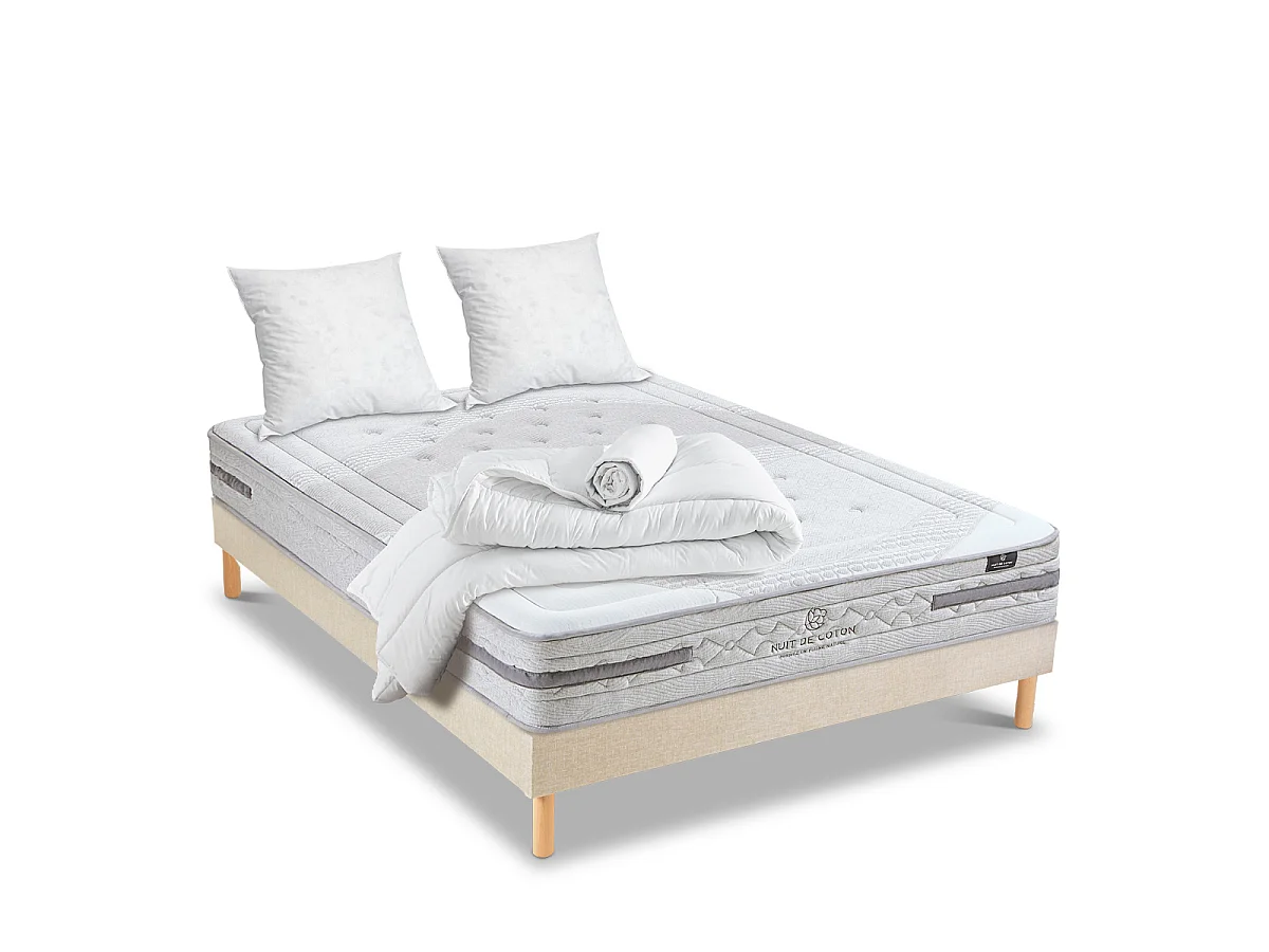 Pack Sérénade 140x190 cm Matelas Ressorts ensachés + Sommier Bois + Accessoires