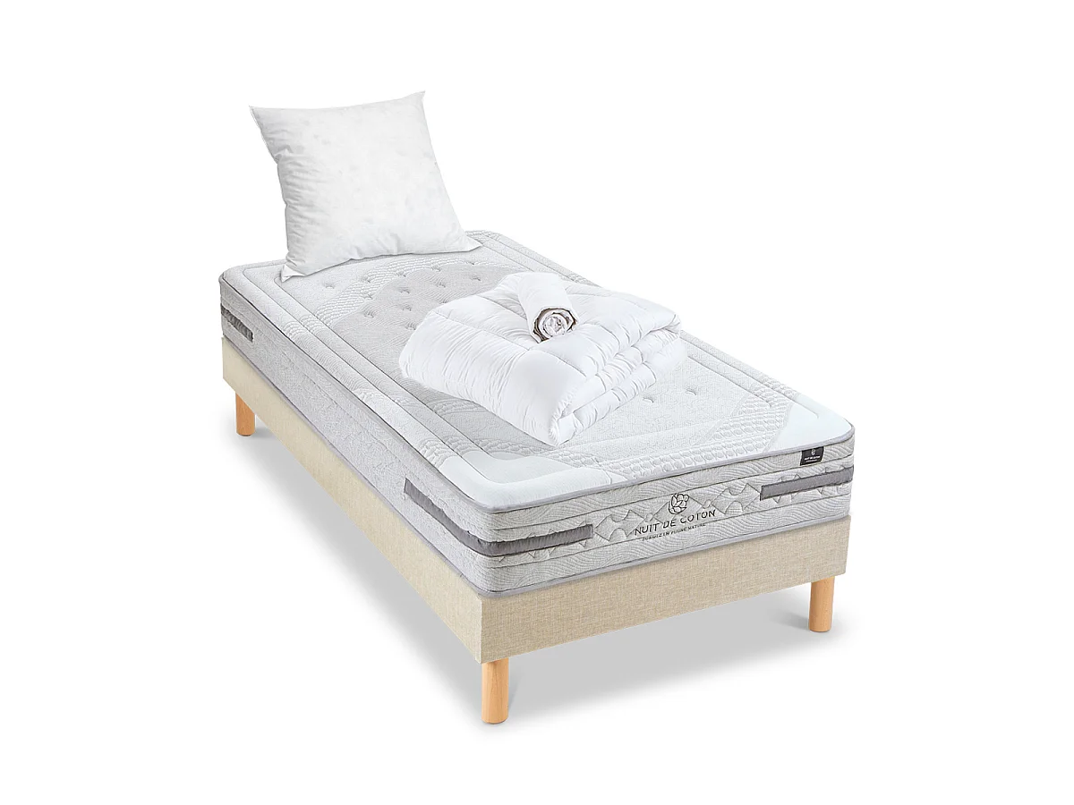 Pack Sérénade 140x190 cm Matelas Ressorts ensachés + Sommier Bois + Accessoires