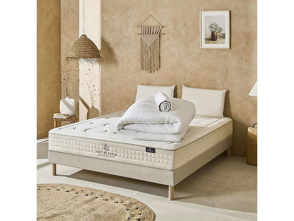 NUIT DE COTON | Pack Prêt à dormir PRELUDE 2.0 180x200 cm | Matelas Latex + Sommier + Accessoires