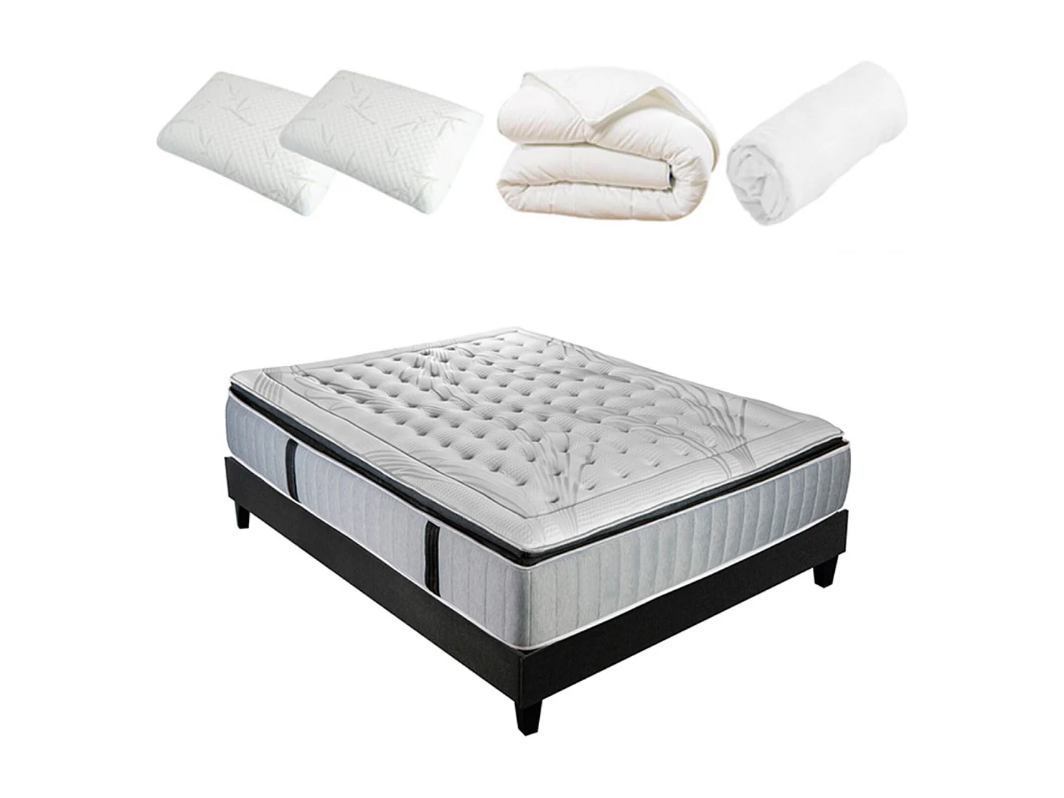 Pack à matelas à ressorts ensachés + sommier + accessoires