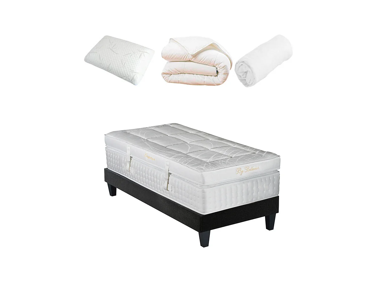 BELLECOUR LITERIE | Pack Prêt à dormir EMPEREUR 90x200 cm | Matelas Mémoire de forme + Sommier + Accessoires