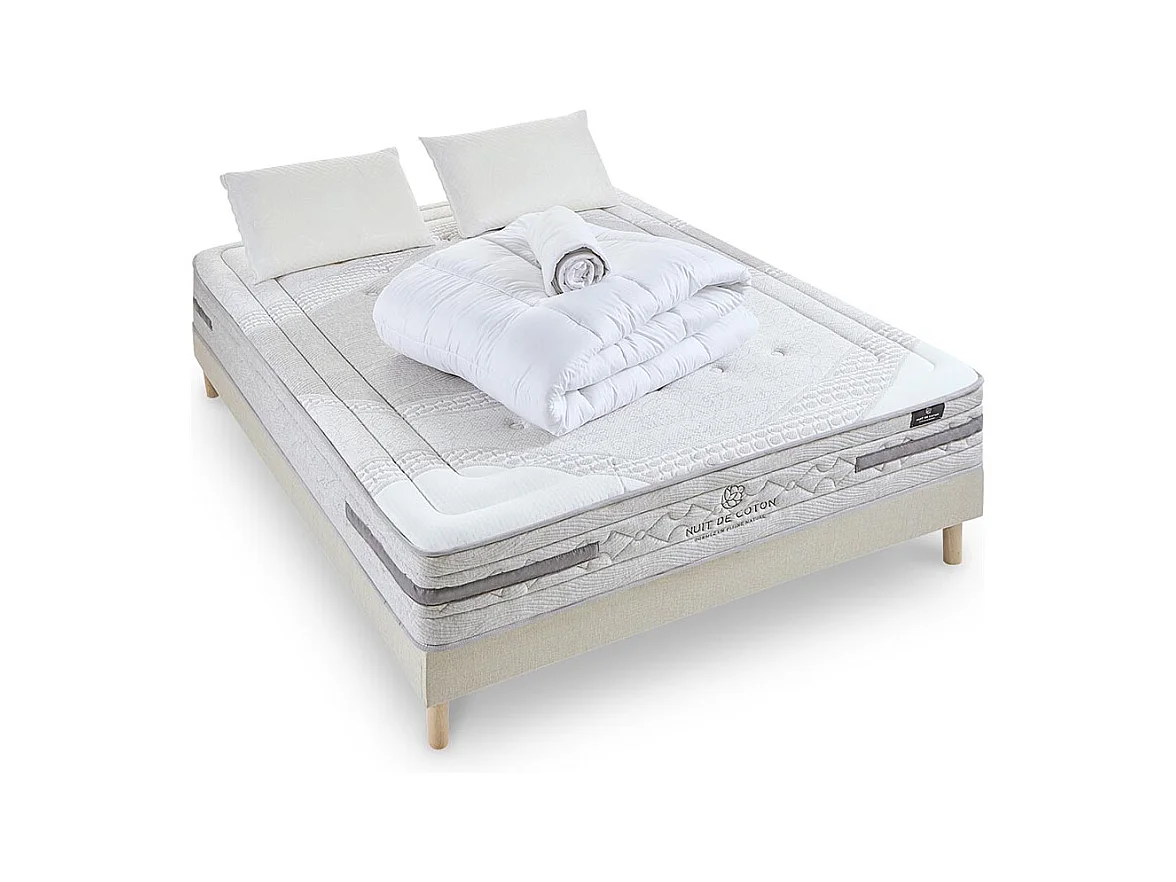 NUIT DE COTON | Pack Prêt à dormir SERENADE 180x200 cm | Matelas Ressorts ensachés + Sommier + Accessoires