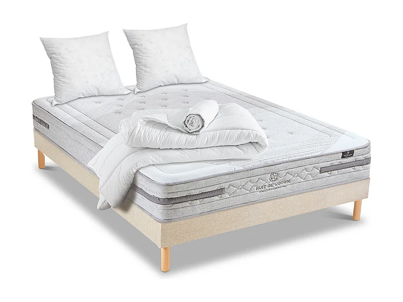 NUIT DE COTON | Pack Prêt à dormir SERENADE 180x200 cm | Matelas Ressorts ensachés + Sommier + Accessoires