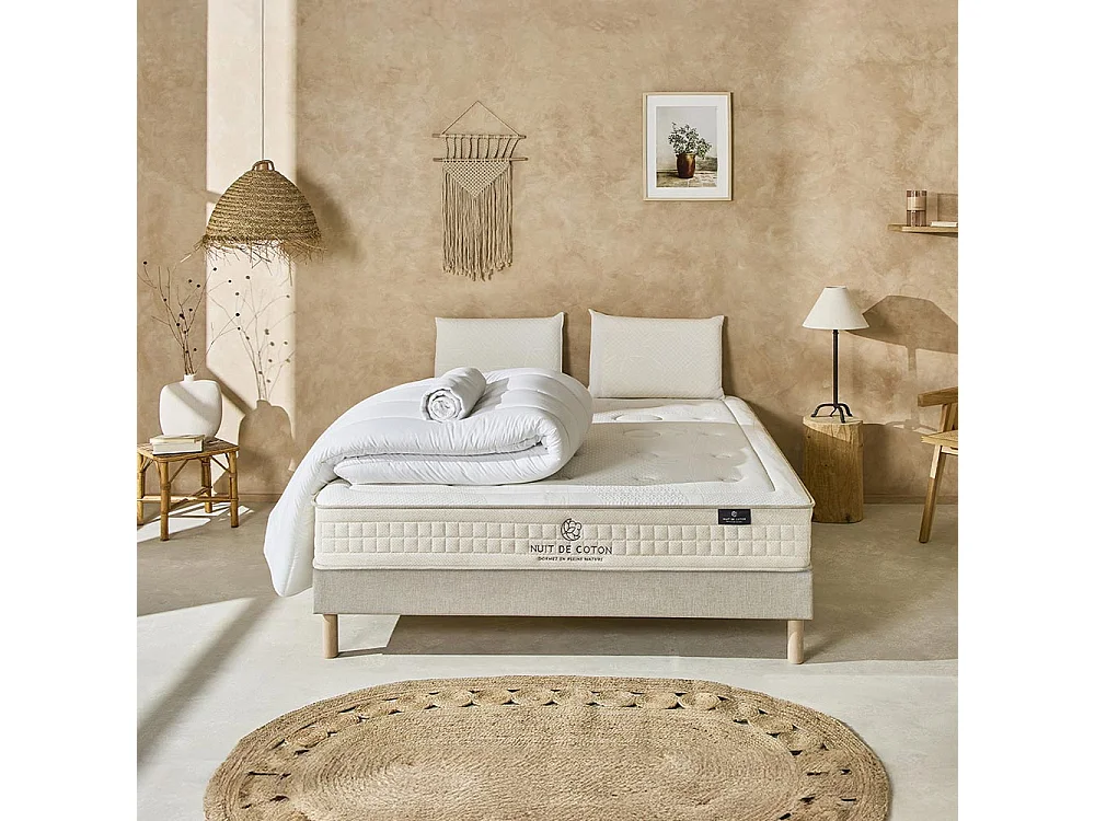 NUIT DE COTON | Pack Prêt à dormir PRELUDE 2.0 140x190 cm | Matelas Latex + Sommier + Accessoires