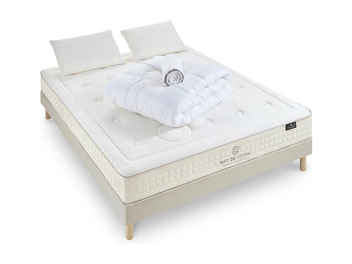 NUIT DE COTON | Pack Prêt à dormir PRELUDE 2.0 140x200 cm | Matelas Latex + Sommier + Accessoires