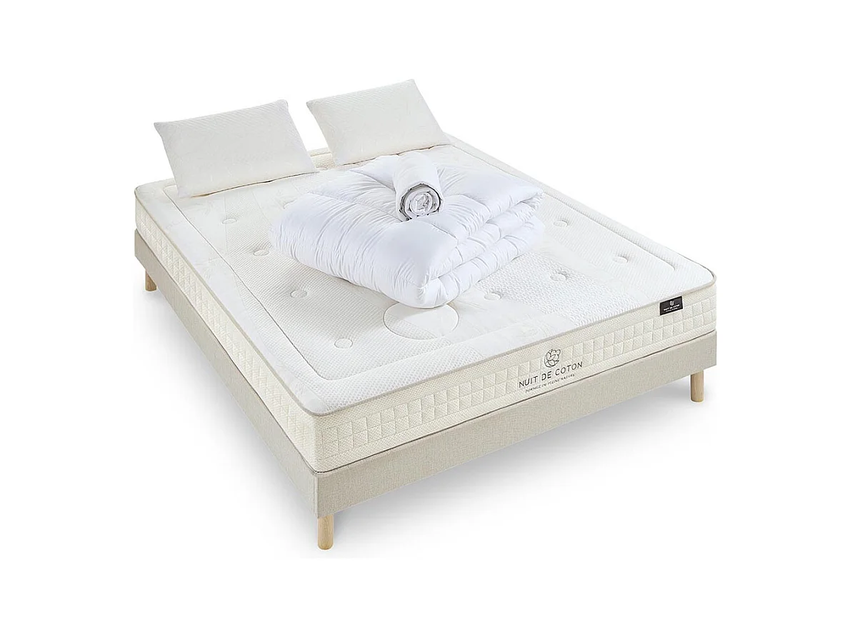 NUIT DE COTON | Pack Prêt à dormir PRELUDE 2.0 140x200 cm | Matelas Latex + Sommier + Accessoires