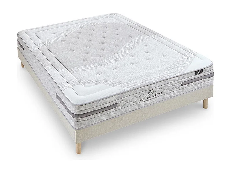 NUIT DE COTON | Ensemble SERENADE 140x200 cm | Matelas Ressorts ensachés + Sommier Bois