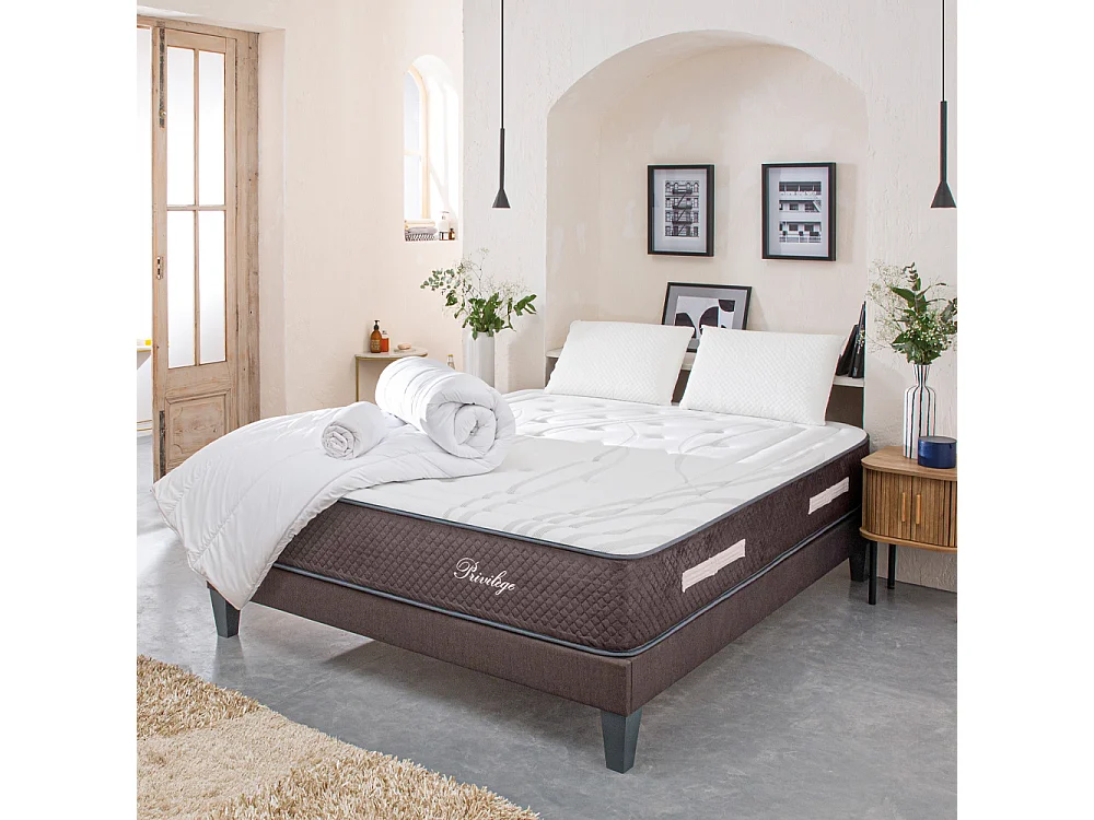 BELLECOUR LITERIE | Pack Prêt à dormir PRIVILEGE 180x200 cm | Matelas Ressorts ensachés + Sommier + Accessoires