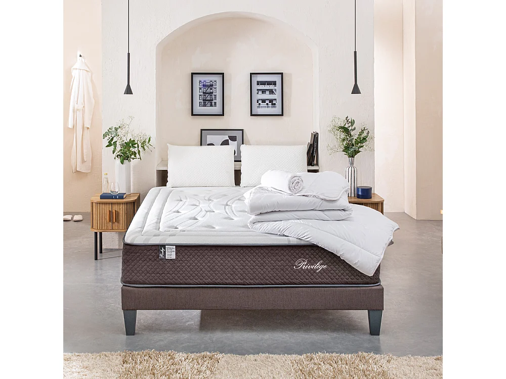 BELLECOUR LITERIE | Pack Prêt à dormir PRIVILEGE 140x200 cm | Matelas Ressorts ensachés + Sommier + Accessoires