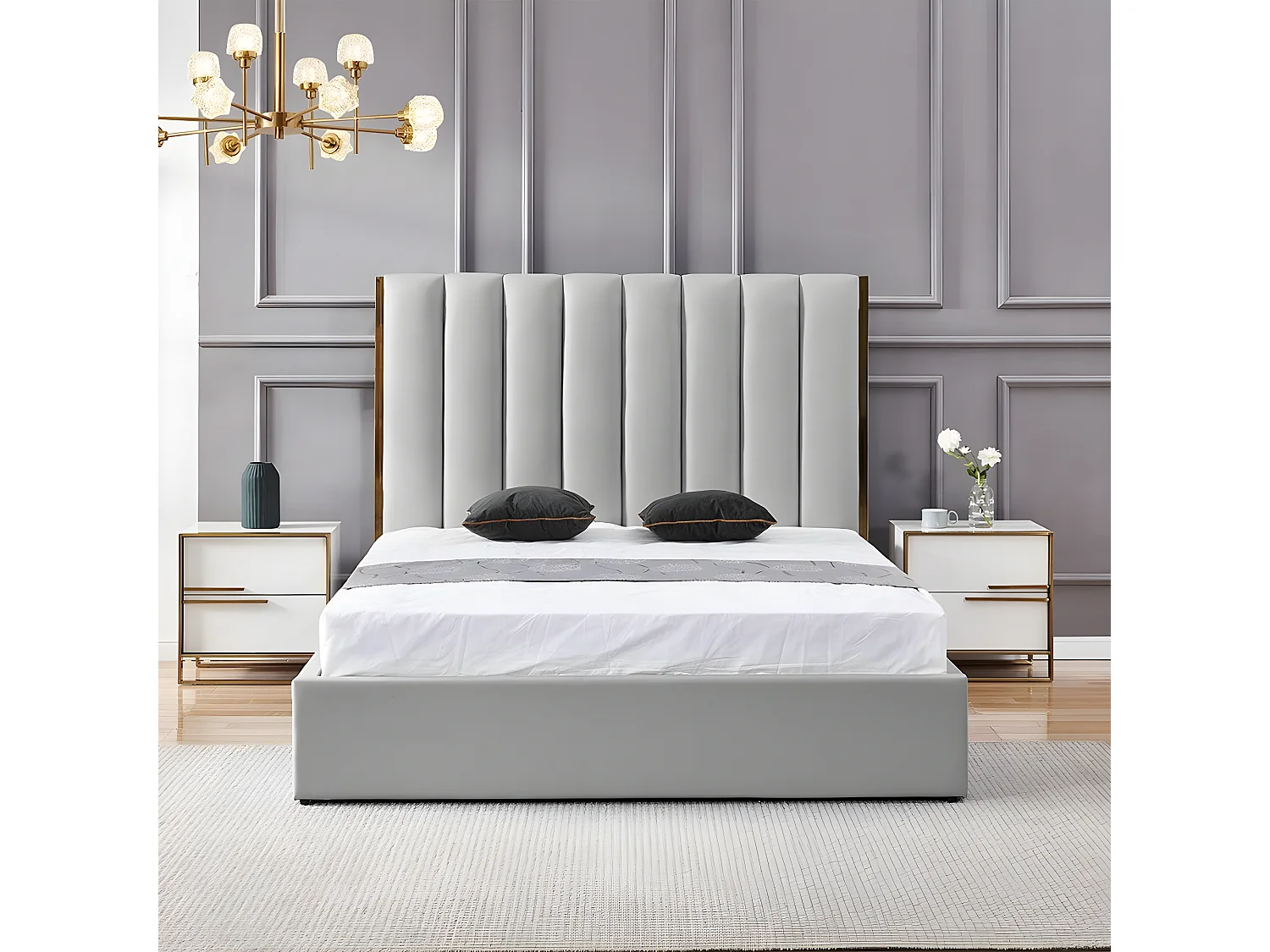 Lit Design Couleur Or Avec Coffre Veneto - Couleurs - Gris, Tailles - 160x200