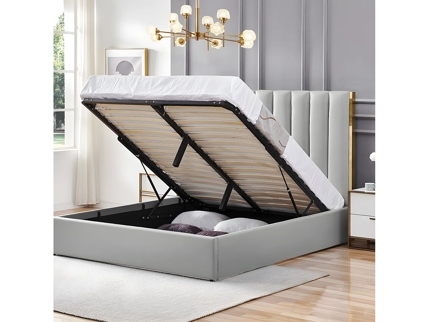 Lit Design Couleur Or Avec Coffre Veneto - Couleurs - Gris, Tailles - 160x200