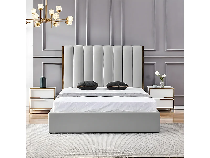 Lit Design Couleur Or Avec Coffre Veneto - Couleurs - Gris, Tailles - 160x200