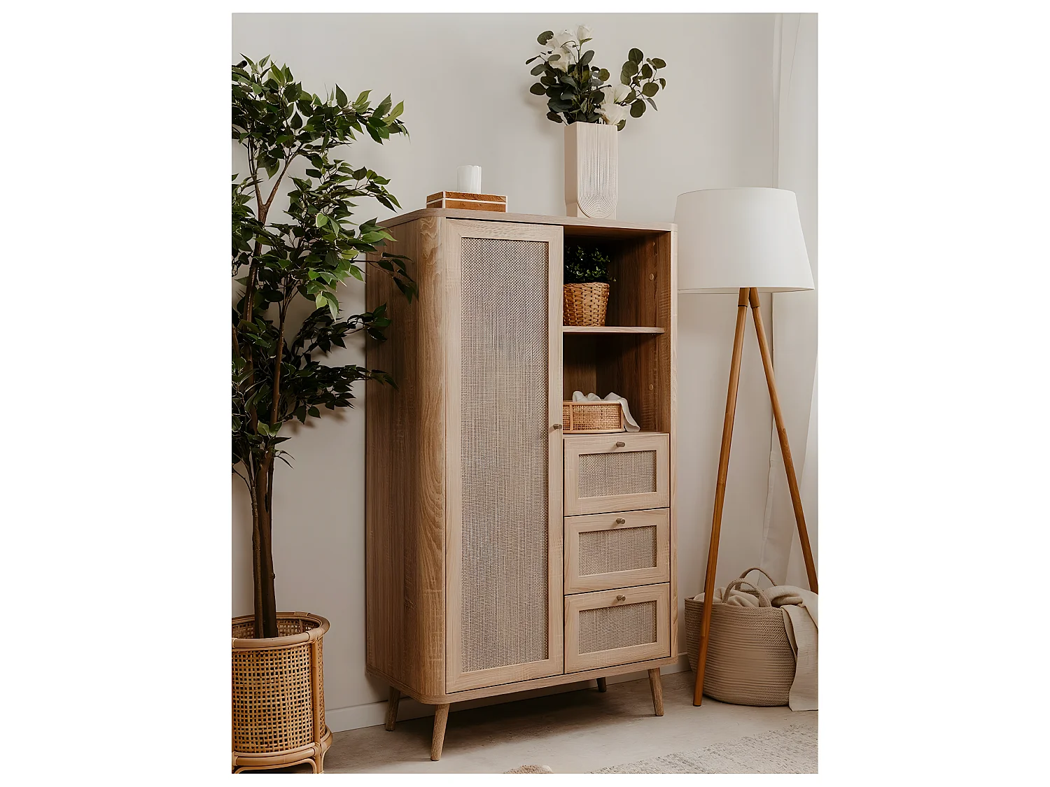 Comò alto a 1 anta e 3 cassetti KUTA - H141 cm