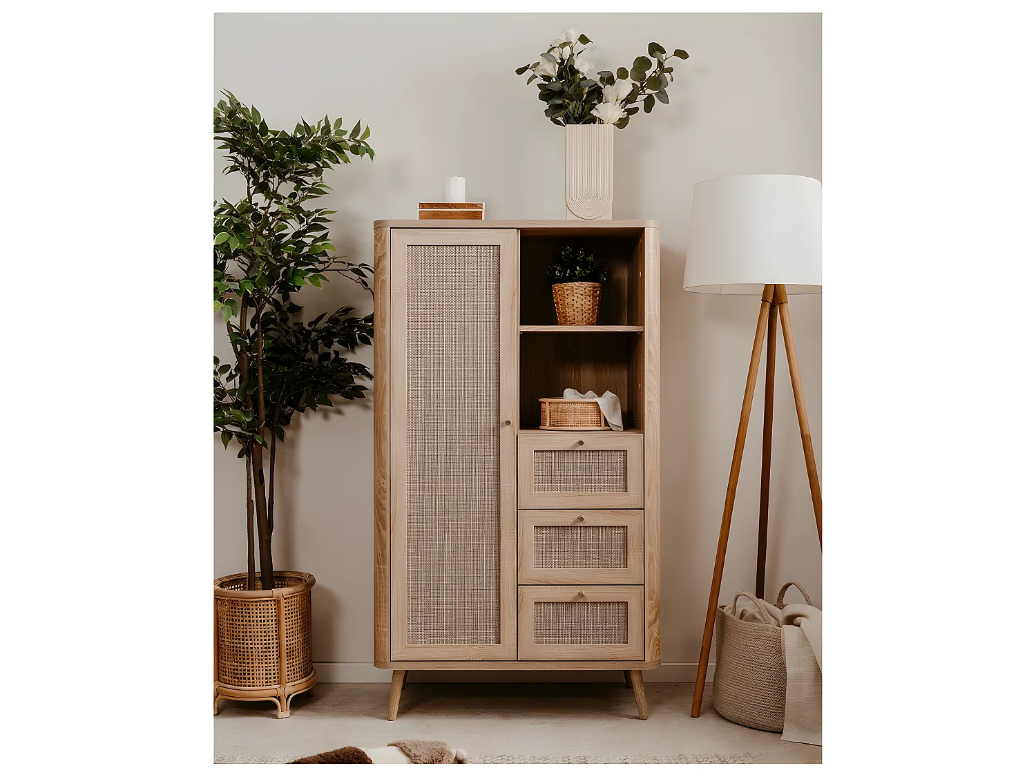 Comò alto a 1 anta e 3 cassetti KUTA - H141 cm