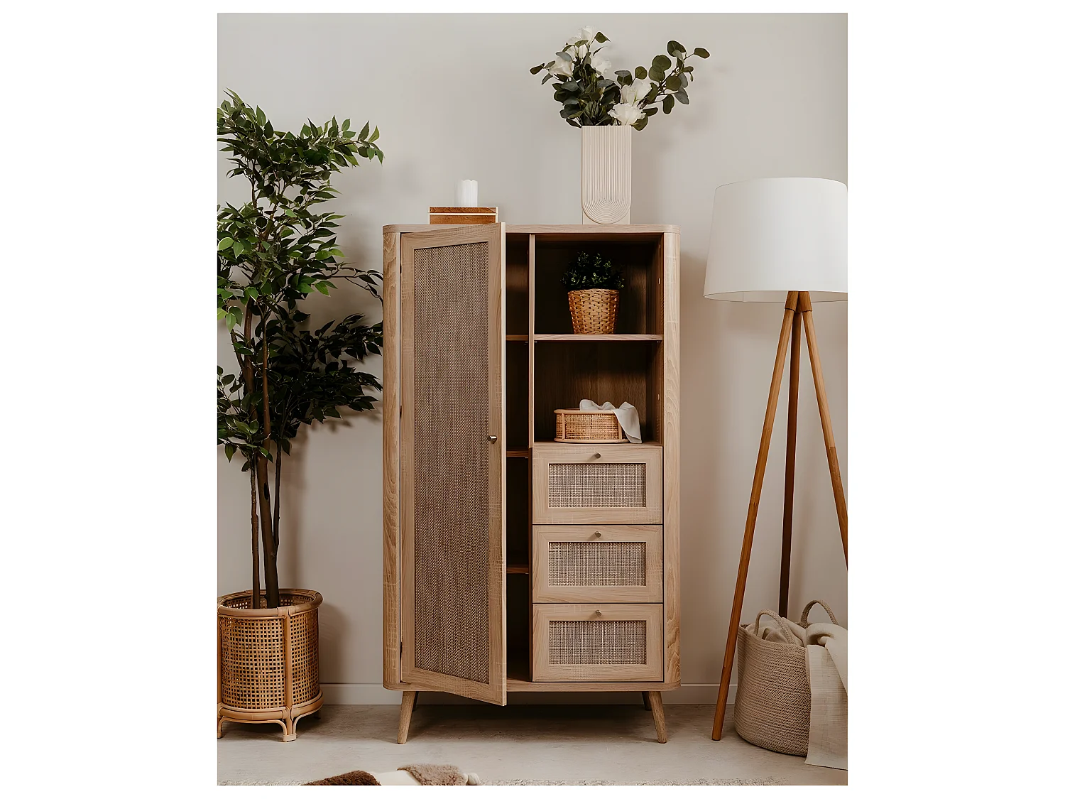 Comò alto a 1 anta e 3 cassetti KUTA - H141 cm