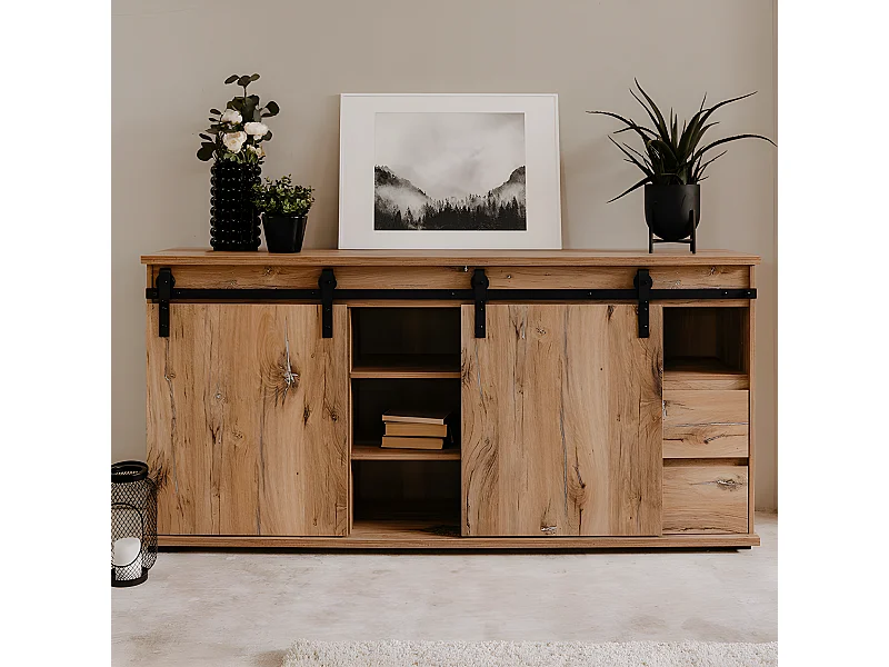 Manzano Sideboard – Spanplatte – FlagstaffEiche – 2 Schiebetüren, 2 Schubladen, 1 Nische – 180 x 87 x 40 cm