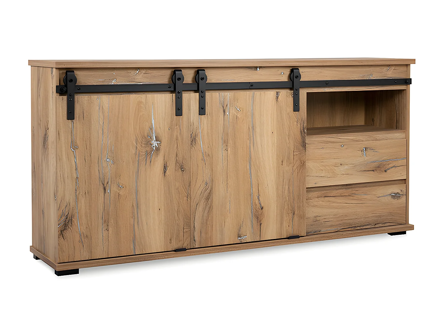 Buffet Manzano - Panneaux de particules - Chene Flagstaff - 2 portes coulissantes, 2 tiroirs, 1 niche - L 180 x H 87 x l 40 cm