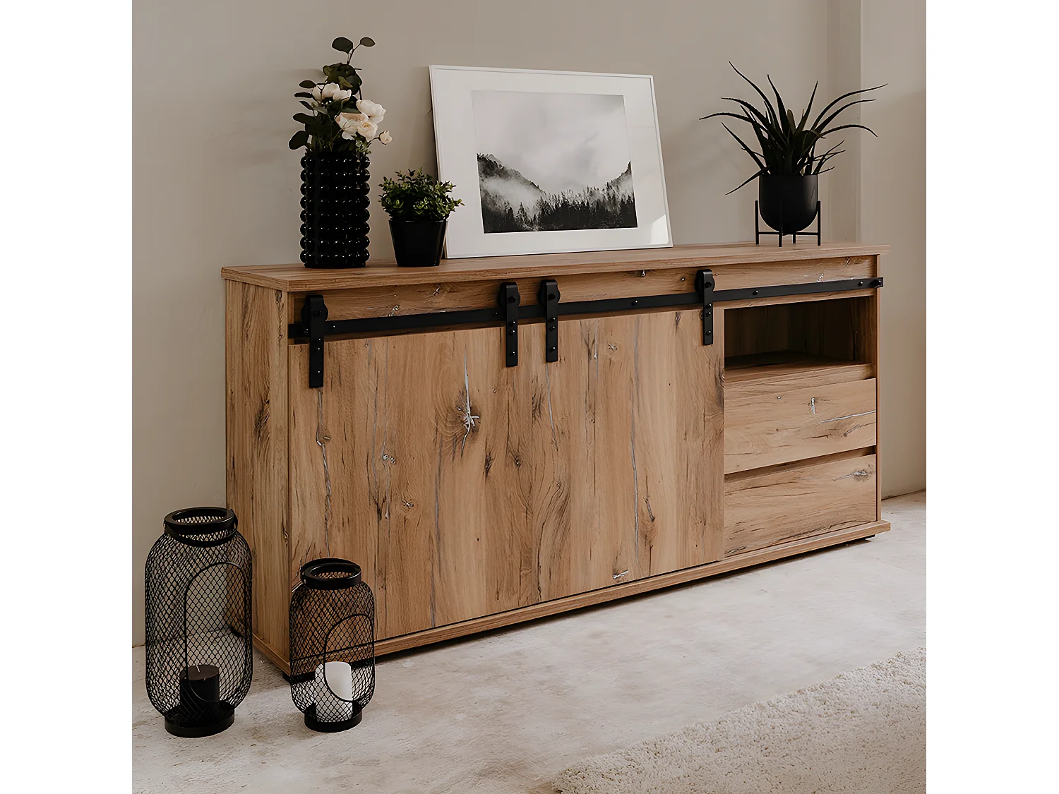 Buffet Manzano - Panneaux de particules - Chene Flagstaff - 2 portes coulissantes, 2 tiroirs, 1 niche - L 180 x H 87 x l 40 cm