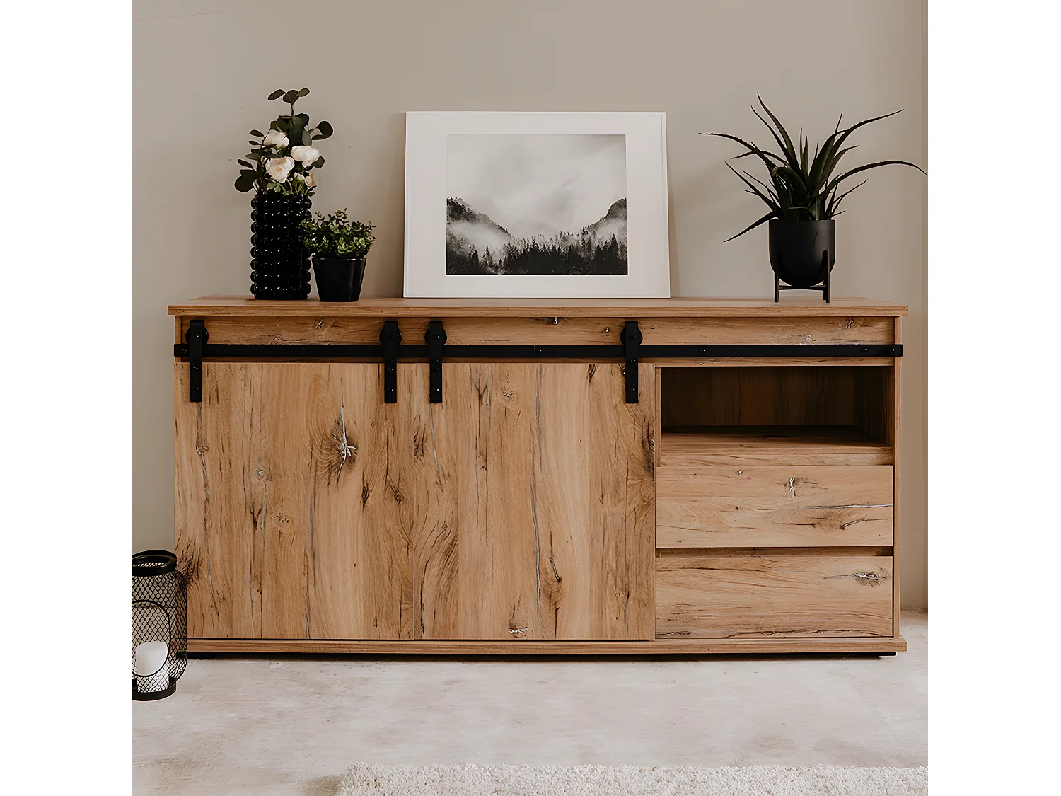 Buffet Manzano - Panneaux de particules - Chene Flagstaff - 2 portes coulissantes, 2 tiroirs, 1 niche - L 180 x H 87 x l 40 cm