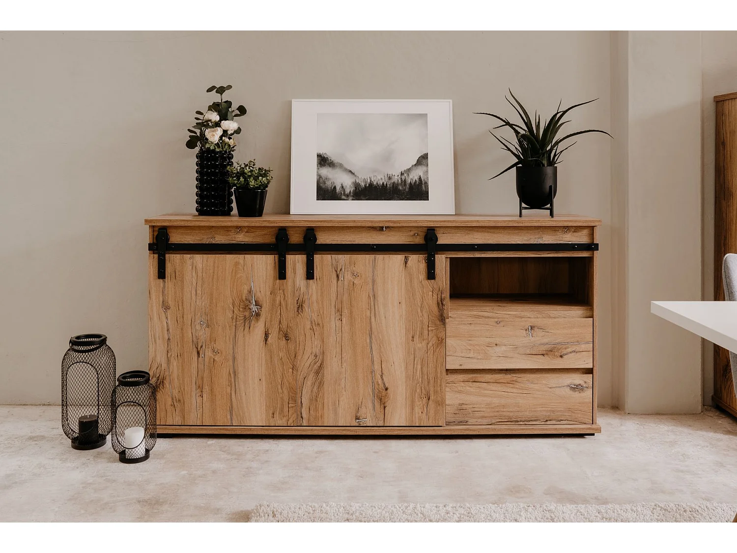 Buffet Manzano - Panneaux de particules - Chene Flagstaff - 2 portes coulissantes, 2 tiroirs, 1 niche - L 180 x H 87 x l 40 cm