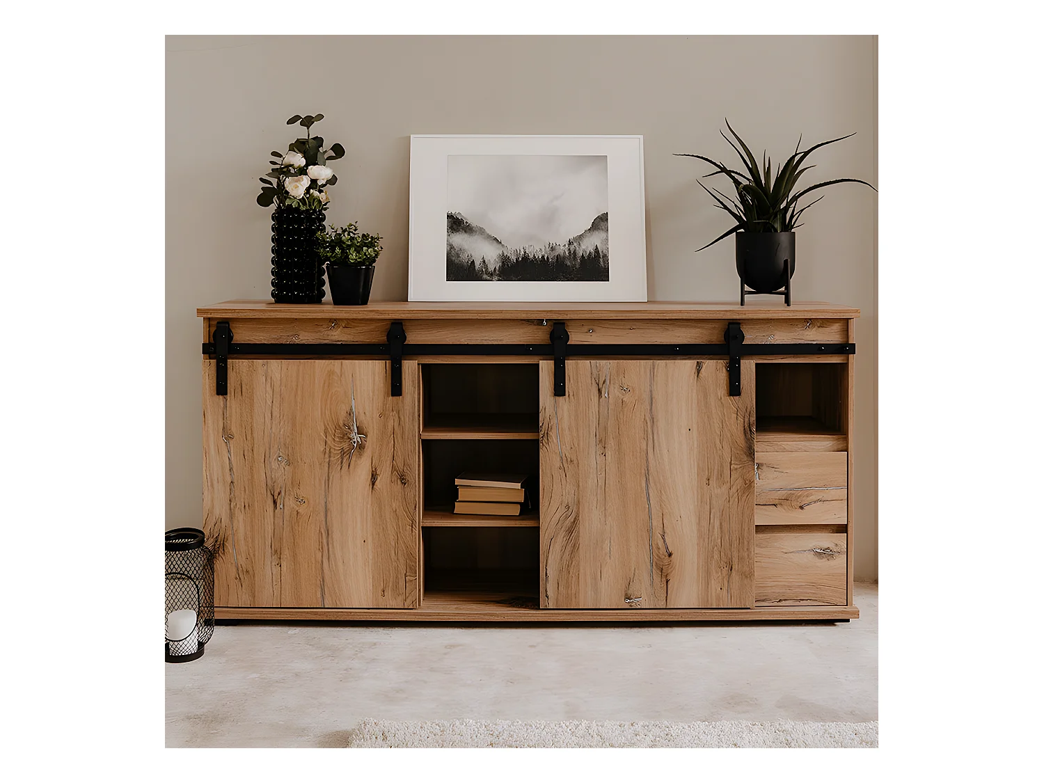 Buffet Manzano - Panneaux de particules - Chene Flagstaff - 2 portes coulissantes, 2 tiroirs, 1 niche - L 180 x H 87 x l 40 cm