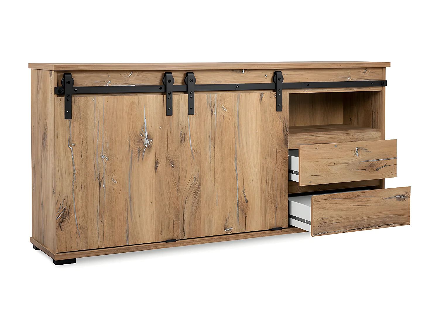 Buffet Manzano - Panneaux de particules - Chene Flagstaff - 2 portes coulissantes, 2 tiroirs, 1 niche - L 180 x H 87 x l 40 cm