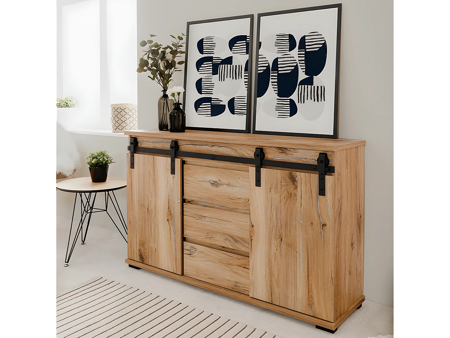 Buffet 2 portes coulissantes 3 tiroirs 140 cm Manzano