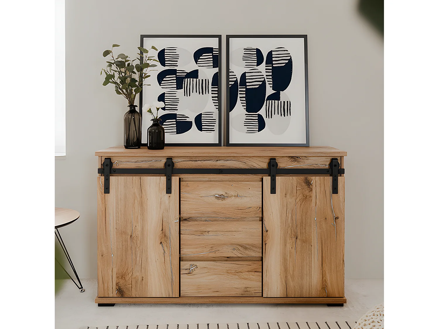 Buffet 2 portes coulissantes 3 tiroirs 140 cm Manzano