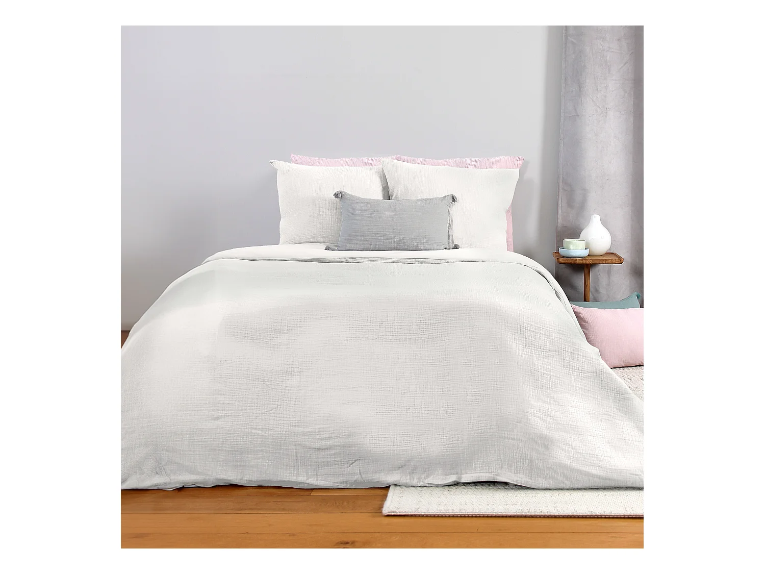 Parure de lit 260x240 cm double gaze de coton GAZGAZ blanc 3 pièces