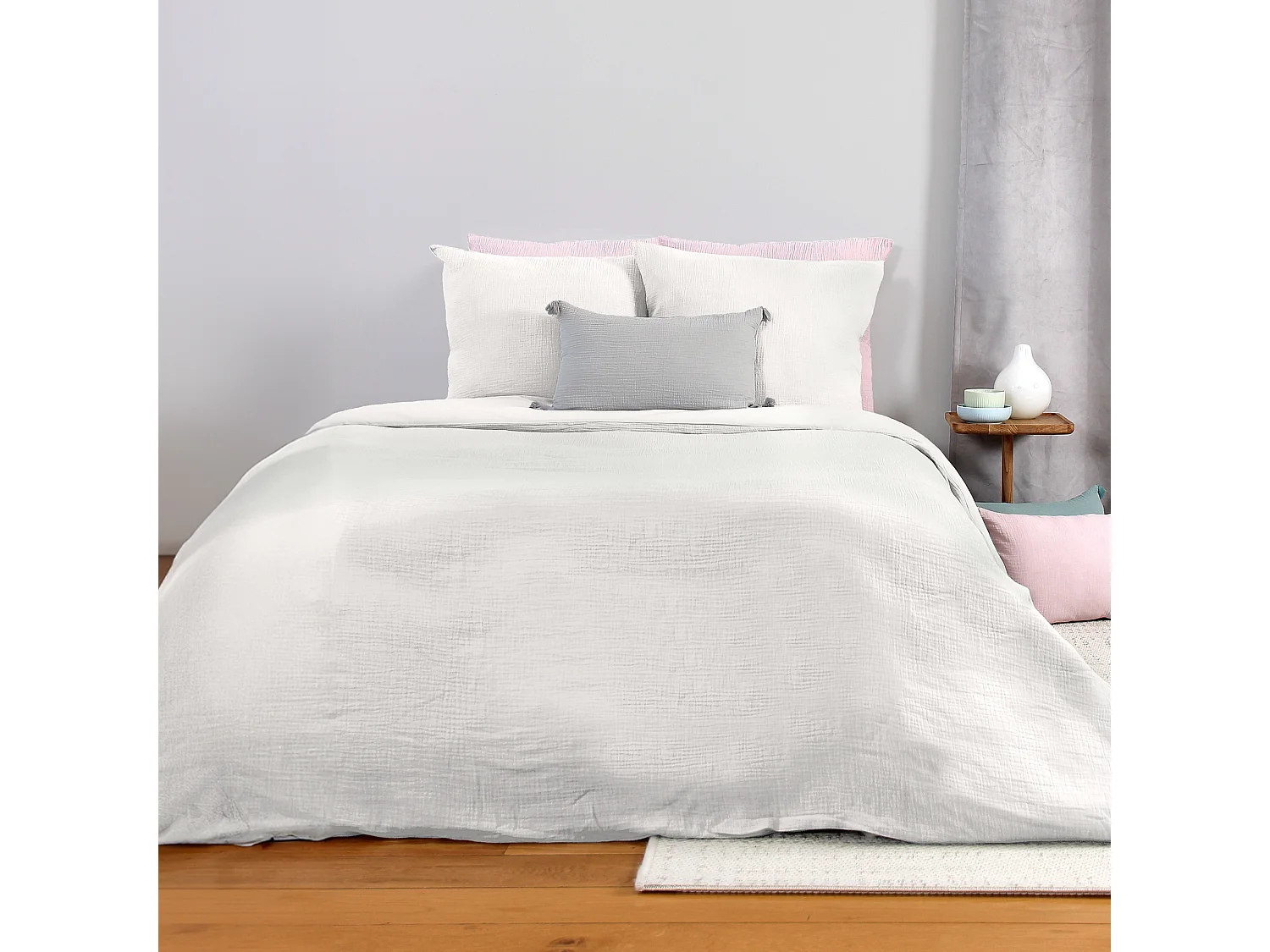 Parure de lit 260x240 cm double gaze de coton GAZGAZ blanc 3 pièces