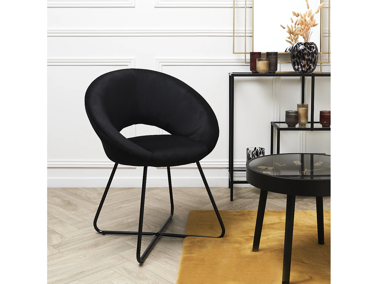 Fauteuil Rond Velours Cotele Giulia Noir Noir