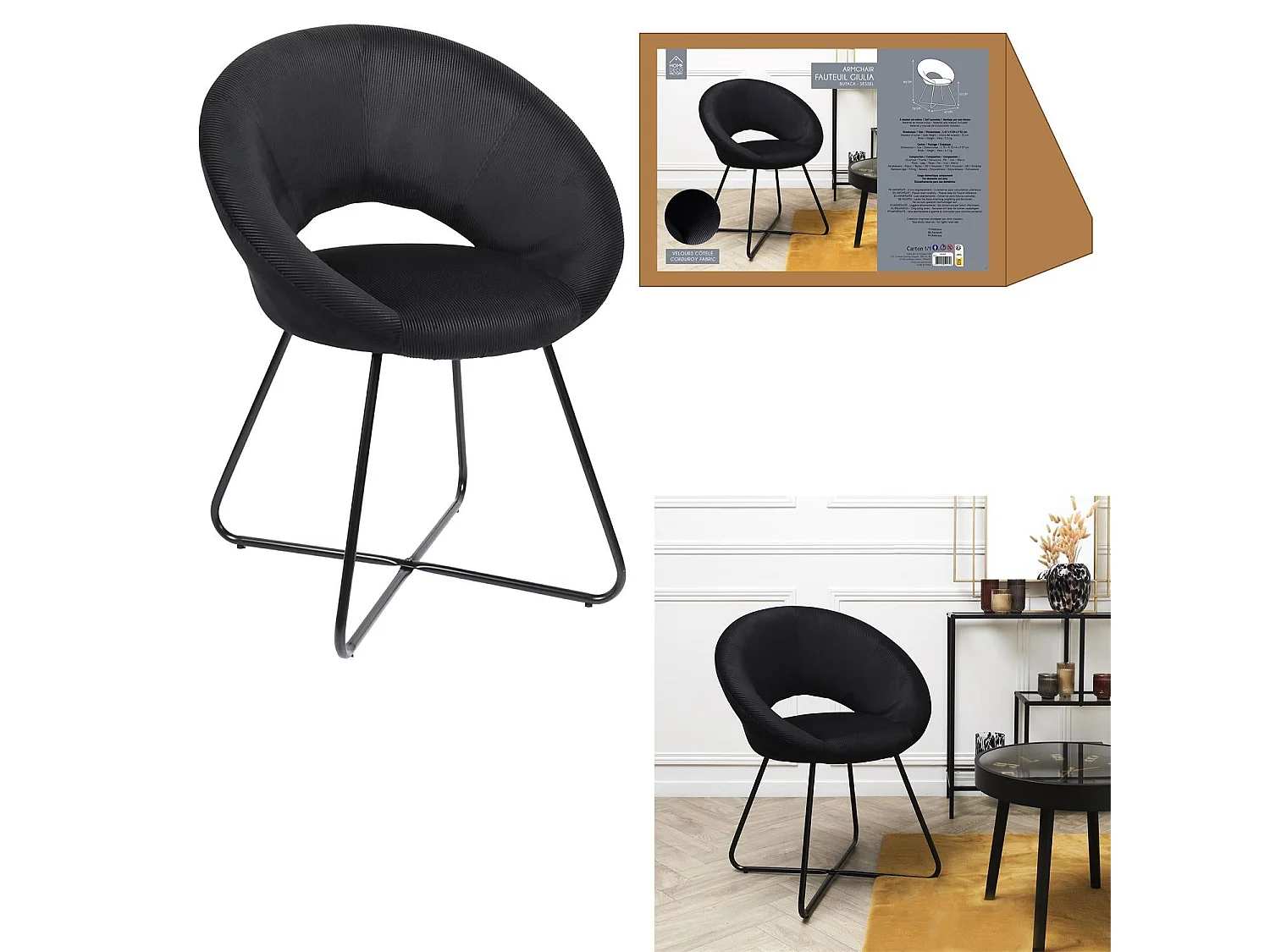 Fauteuil Rond Velours Cotele Giulia Noir Noir
