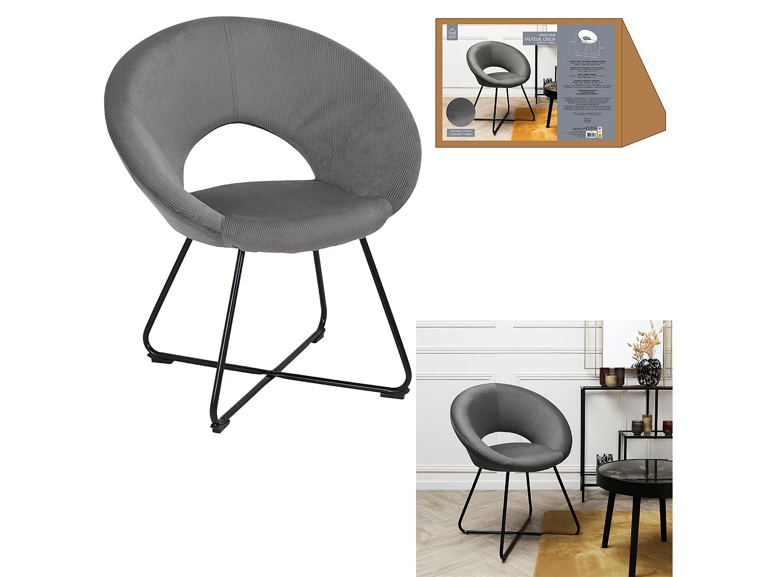 Fauteuil Rond Velours Cotele Giulia Gris Gris