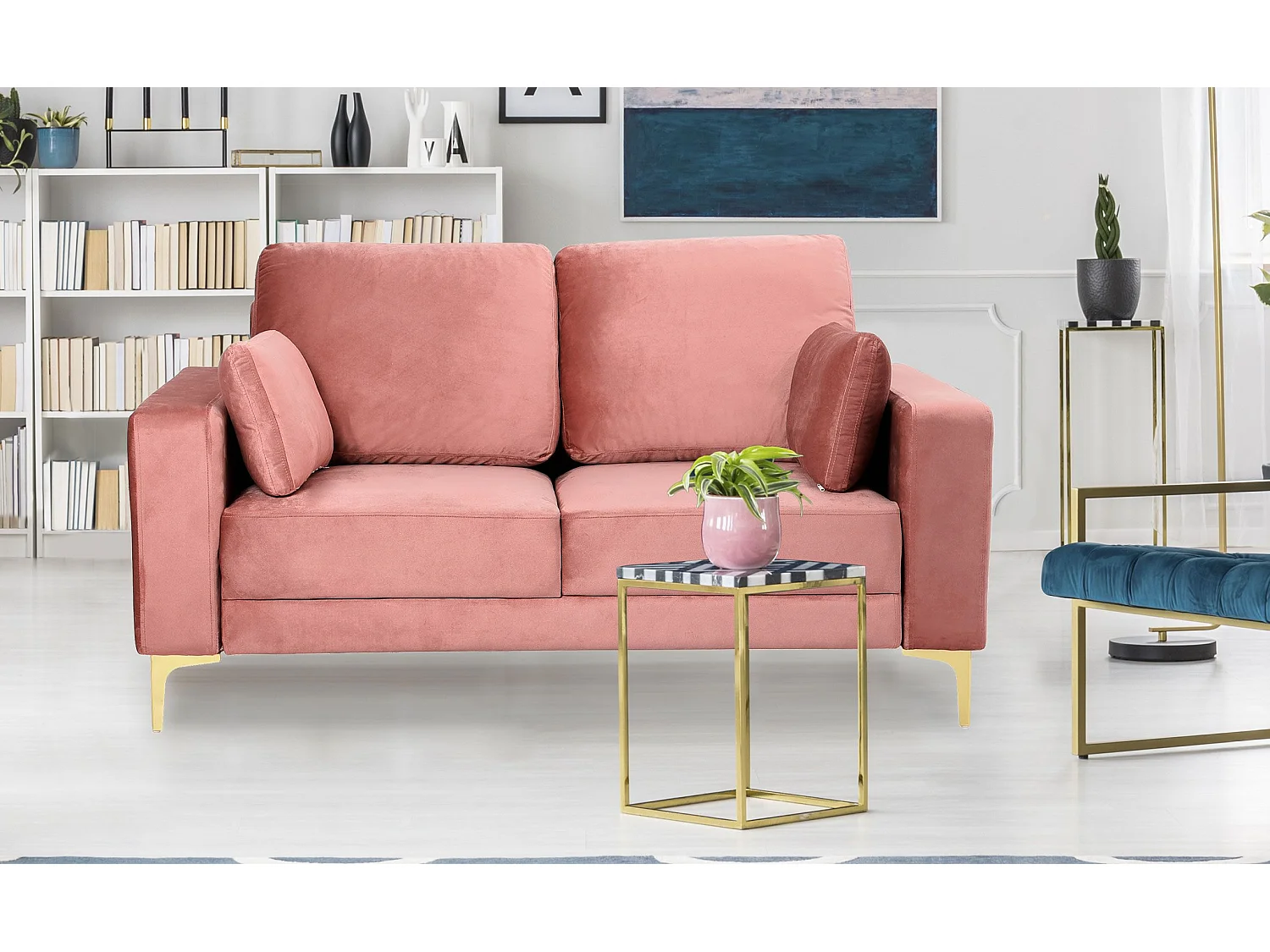 Canapé 2 places moderne pieds dorés Jeriko Velours Rose