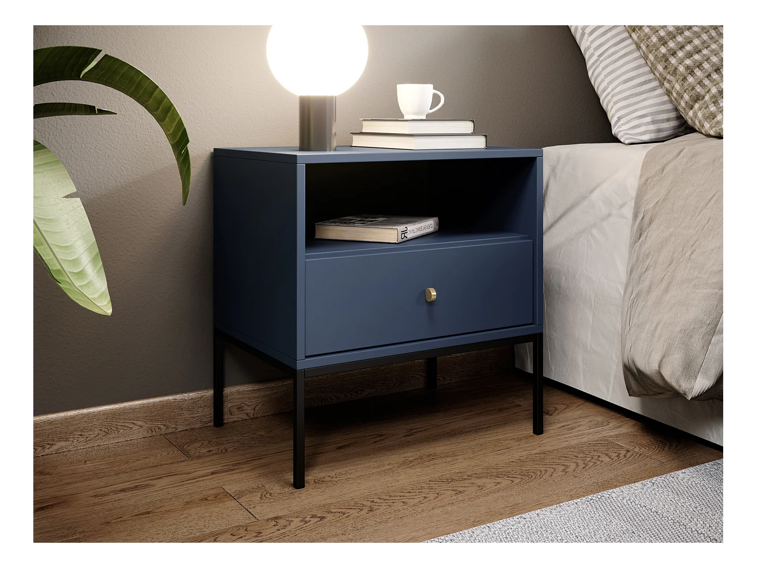 Sæt med 2 sengeborde - 1 skuffe og 1 niche - Blå - BOGDAN