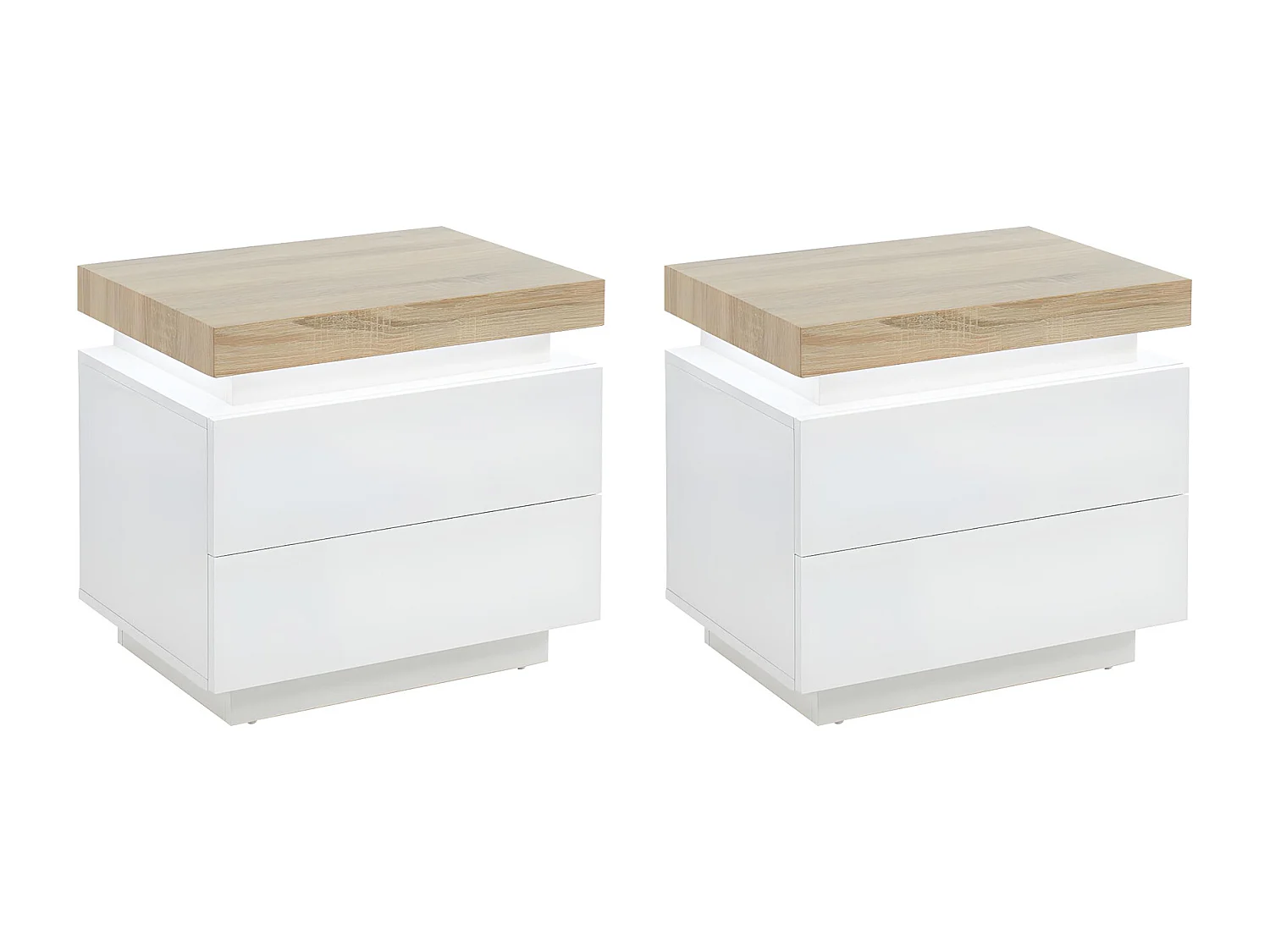 Lot de 2 tables de chevet - 2 tiroirs - MDF Laqué - Avec LEDs - Coloris : Blanc et chêne - HALO II