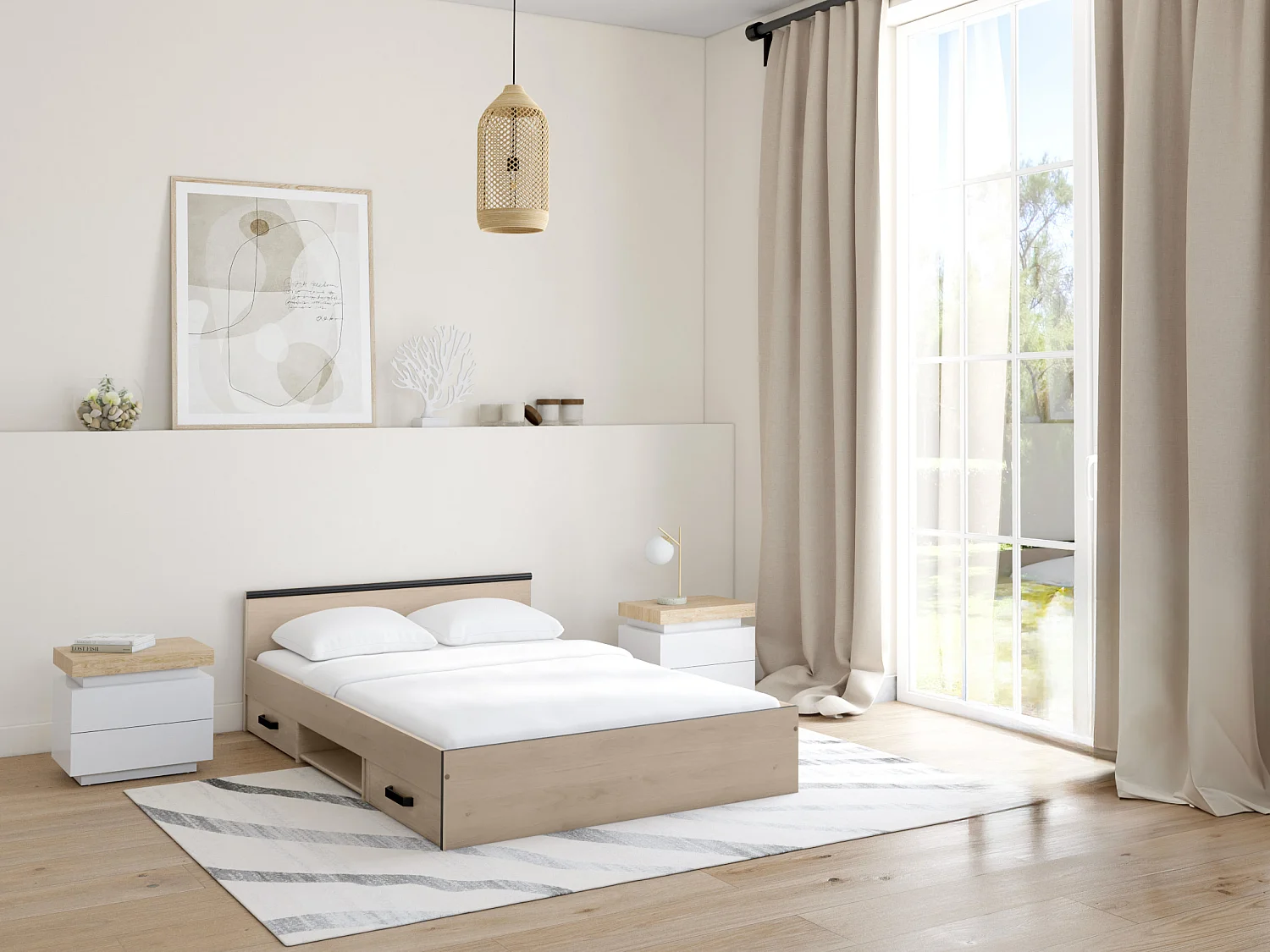 Lot de 2 tables de chevet - 2 tiroirs - MDF Laqué - Avec LEDs - Coloris : Blanc et chêne - HALO II