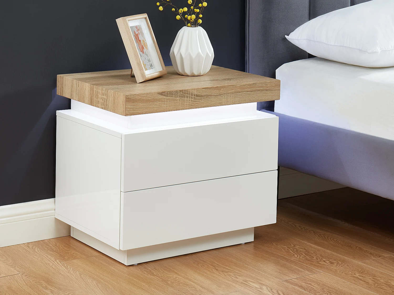 Comodino 2 cassetti Con LED MDF Laccato Bianco e Rovere - Lotto di 2 - HALO II