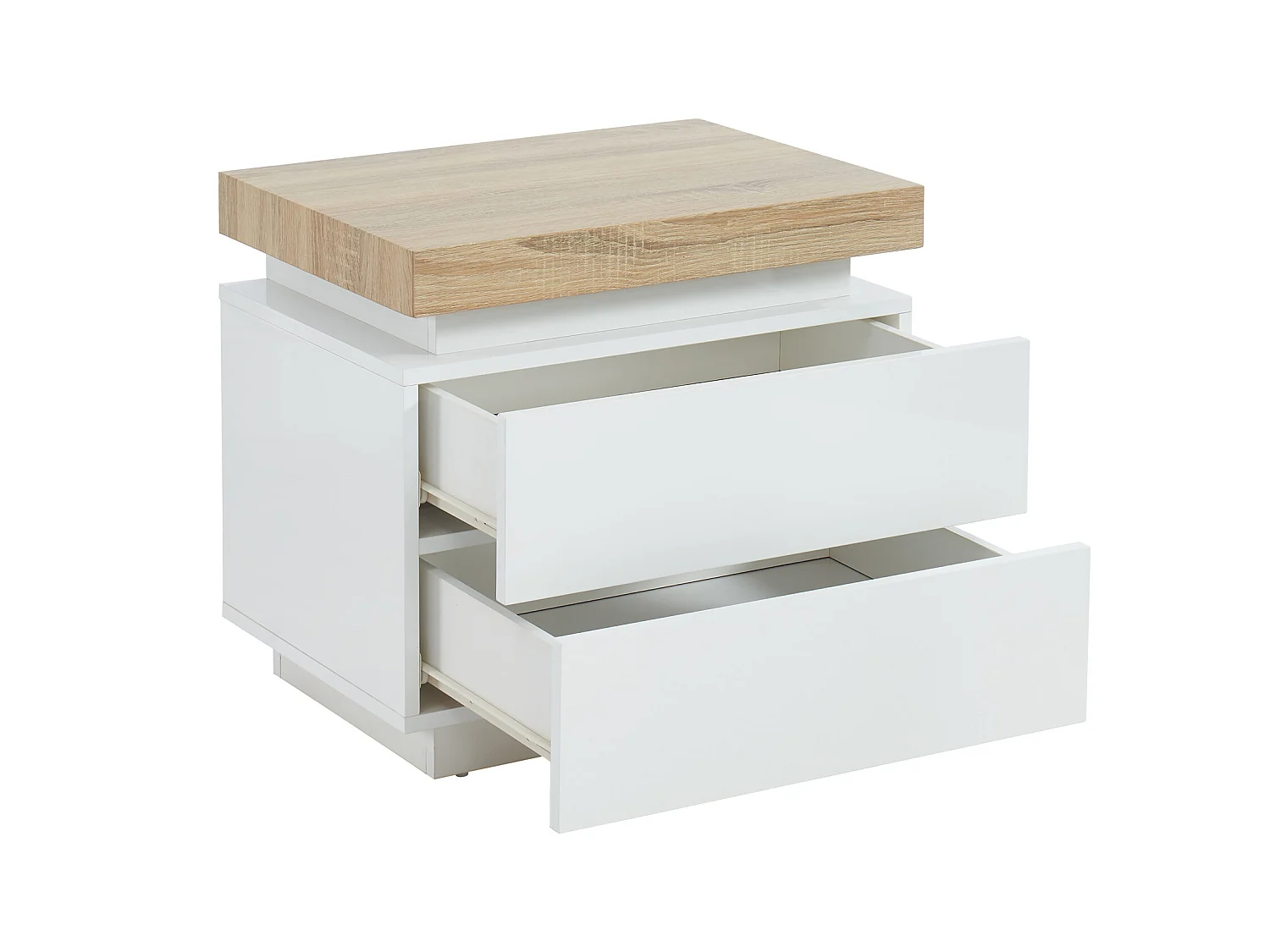 Sæt med 2 sengeborde med 2 skuffer i eg og hvidt lakeret MDF med LED-lys HALO