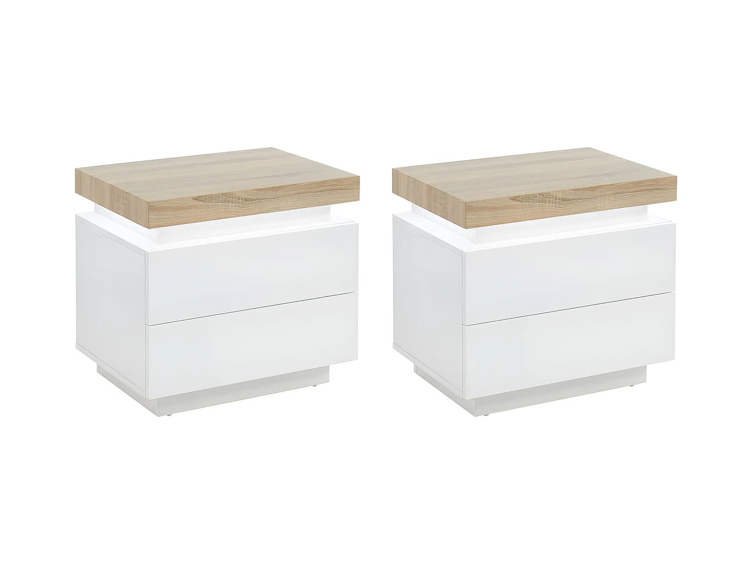 Sæt med 2 sengeborde med 2 skuffer i eg og hvidt lakeret MDF med LED-lys HALO
