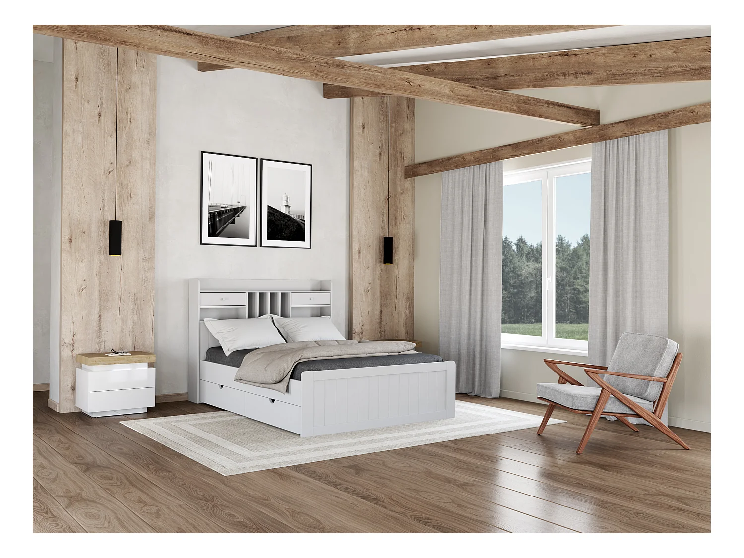 Sæt med 2 sengeborde med 2 skuffer i eg og hvidt lakeret MDF med LED-lys HALO