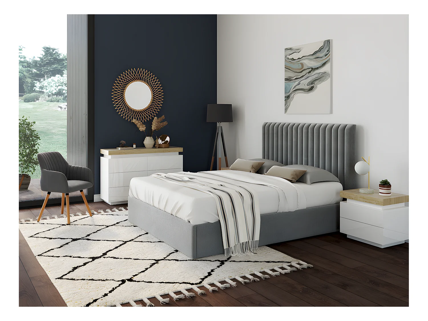 Sæt med 2 sengeborde med 2 skuffer i eg og hvidt lakeret MDF med LED-lys HALO