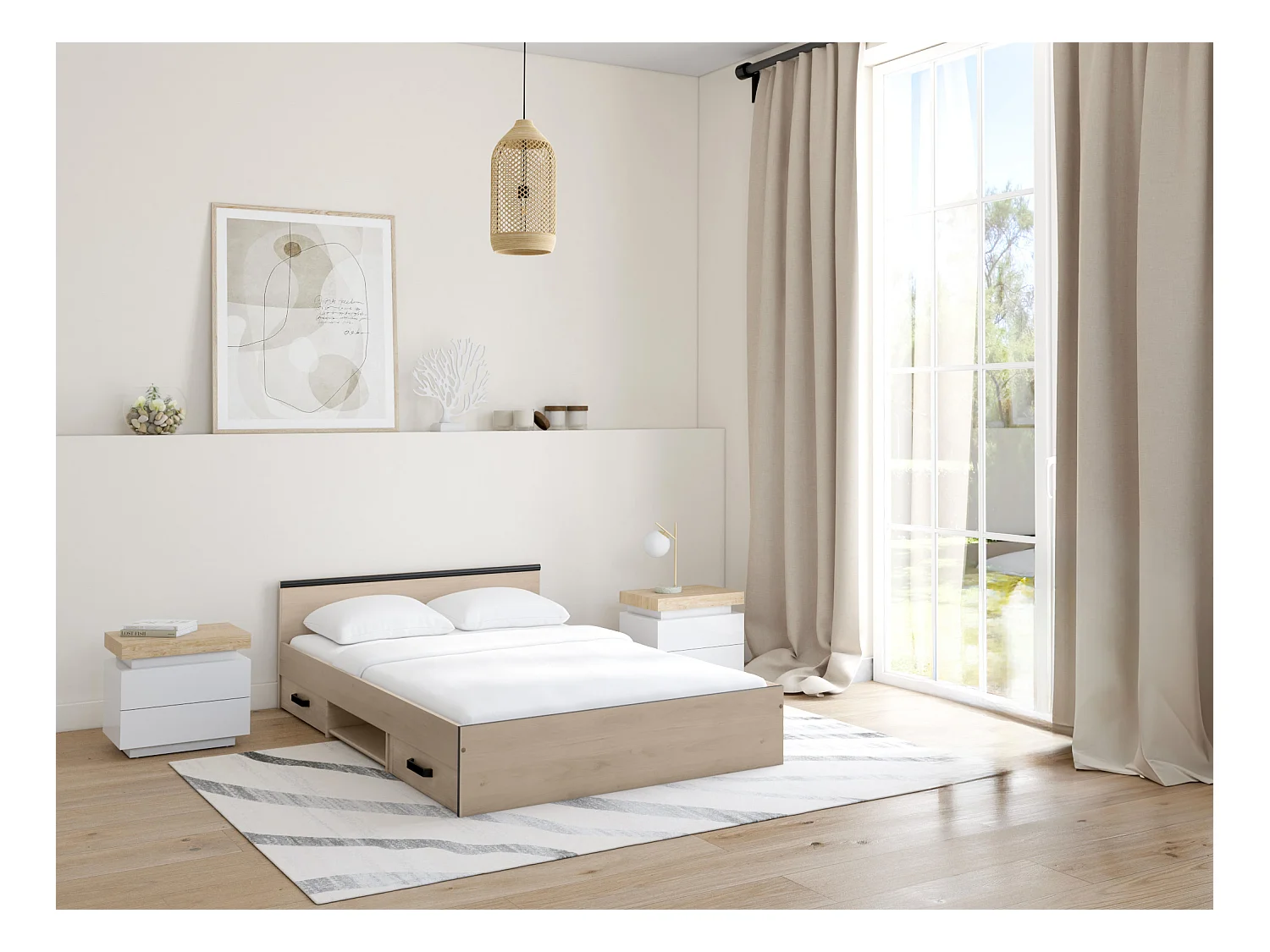 Sæt med 2 sengeborde med 2 skuffer i eg og hvidt lakeret MDF med LED-lys HALO