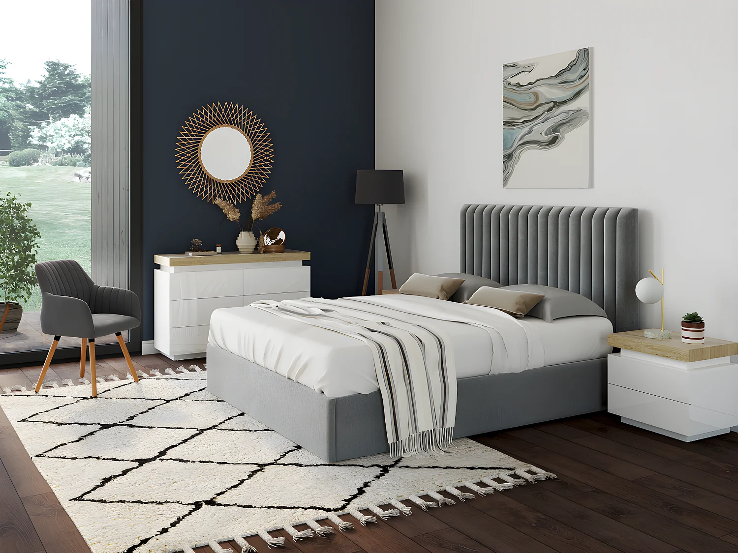 2er-Set Nachttische mit 2 Schubladen & LEDs - MDF lackiert - Weiß & Eichefarben - HALO II