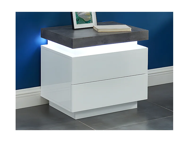 2er-Set Nachttische mit 2 Schubladen & LEDs - MDF lackiert - Weiß & Beton-Optik - HALO II