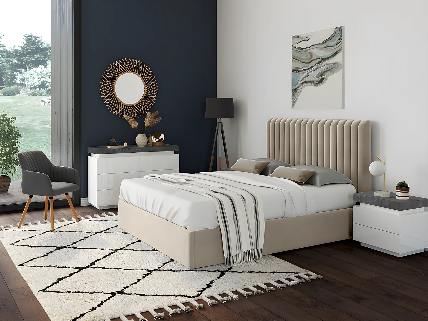 Comodino 2 cassetti Con LED MDF Laccato Bianco e Calcestruzzo - Lotto di 2 - HALO II